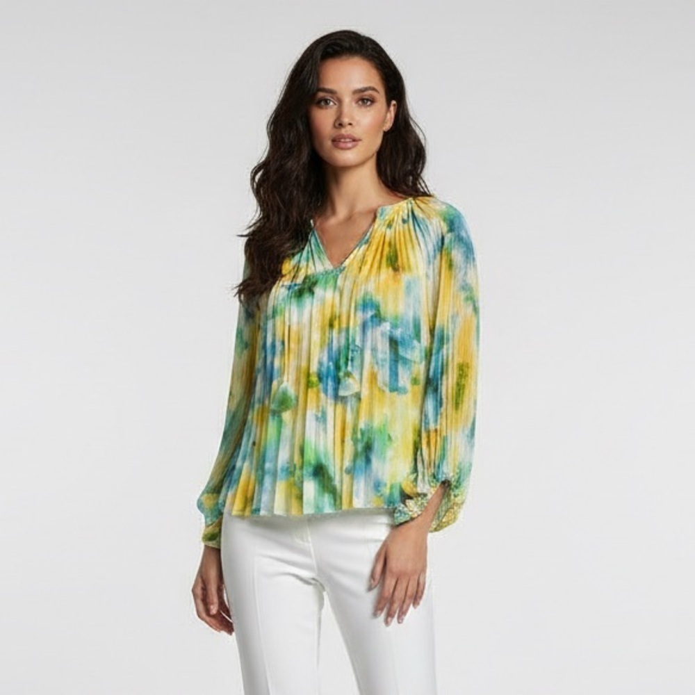 Misa Los Angeles Rina Citron WaterColor V-Neck Long Sleeve Tassel Pleated Top S